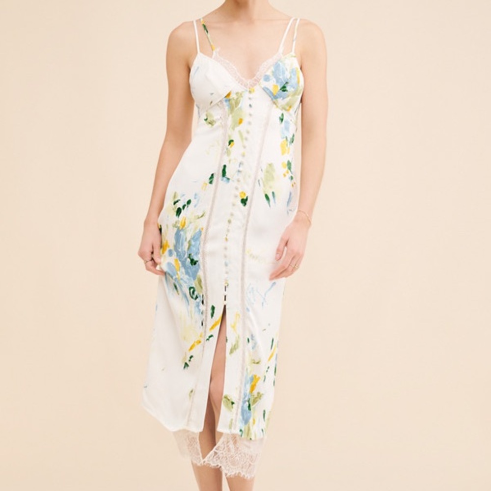 Anthropologie White Floral Midi Slip Dress with Lace Trim
